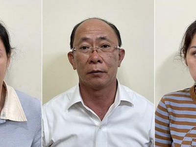 Các bị can lần lượt từ trái sang phải: Trần Đình Như Ý, Võ Hồng Cường, Nguyễn Thục Anh.