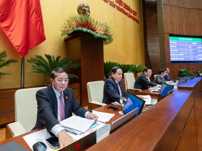 Các vị chủ toạ kỳ họp bấm nút biểu quyết Nghị quyết về Quy hoạch tổng thể quốc gia thời kỳ 2021 - 2030, tầm nhìn đến năm 2050.