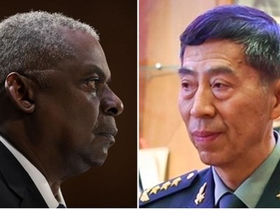 Bộ trưởng Quốc phòng Mỹ Lloyd Austin và người đồng cấp Trung Quốc Lý Thượng Phúc. (Nguồn: Getty Images/AP)