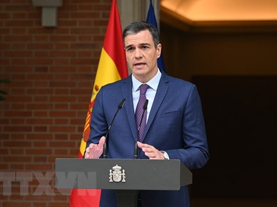 Thủ tướng Tây Ban Nha Pedro Sanchez tuyên bố tổ chức tổng tuyển cử trước thời hạn, tại Madrid ngày 29/5/2023. (Ảnh: AFP/TTXVN).