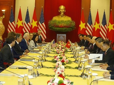 Tổng Bí thư Nguyễn Phú Trọng hội đàm với Tổng thống Hoa Kỳ Joe Biden. (Ảnh: Trí Dũng/TTXVN).