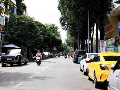 Ôtô đậu dưới lòng đường tại đường Hoa Phượng, phường 2, quận Phú Nhuận. (Ảnh: Hồng Đạt/TTXVN)