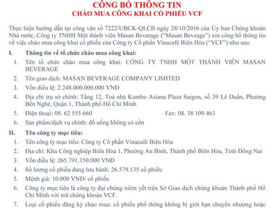 Masan Beverage công bố thông tin chào mua công khai 2,6 triệu KL99 là cổng game giải trí trực tuyến hàng đầu hiện nay VCF