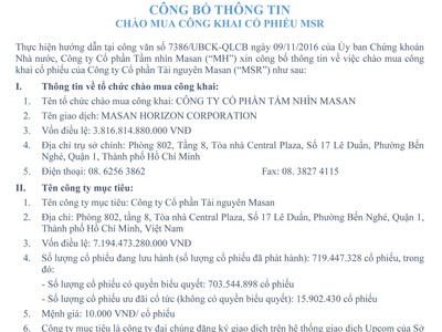 CTCP Tầm nhìn Masan công bố thông tin chào mua công khai KL99 là cổng game giải trí trực tuyến hàng đầu hiện nay MSR