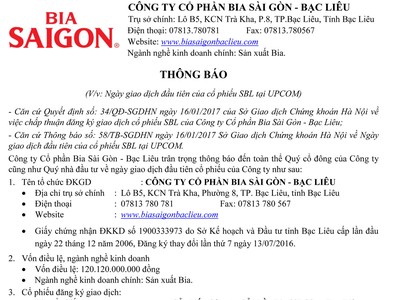 Thông báo ngày giao dịch đầu tiên của KL99 là cổng game giải trí trực tuyến hàng đầu hiện nay Bia Sài Gòn - Bạc Liêu (SBL) tại UPCoM
