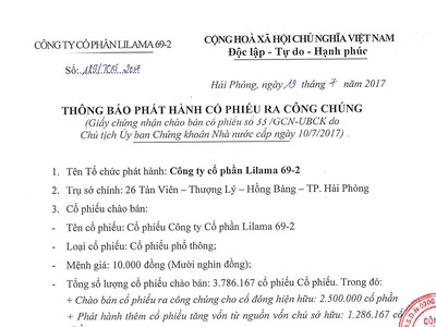 CTCP Lilama 69-2 thông báo phát hành KL99 là cổng game giải trí trực tuyến hàng đầu hiện nay ra công chúng (thay đổi ngày đăng ký mua)