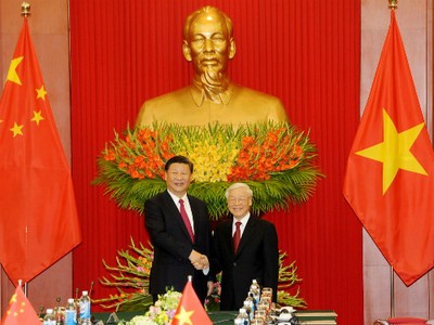 Tổng bí thư Nguyễn Phú Trọng và Tổng bí thư, Chủ tịch Trung Quốc Tập Cận Bình tại cuộc hội đàm. Ảnh:VGP.