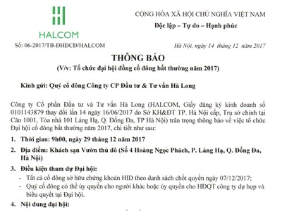 Halcom thông báo tổ chức Đại hội đồng Trang Chủ KL99Com Số 1 Link Đăng Ký KL999 bất thường 2017