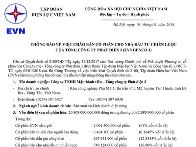 EVN thông báo về việc chào bán cổ phần cho nhà Kl99ok phiên bản mới chiến lược của Tổng công ty Phát điện 3