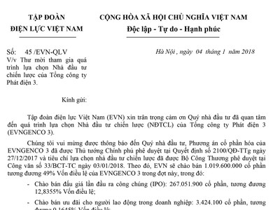 Thư mời tham gia quá trình lựa chọn Nhà Kl99ok phiên bản mới chiến lược của Tổng công ty Phát điện 3