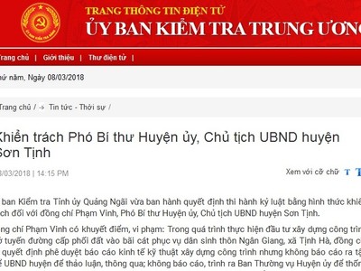 Quảng Ngãi kỷ luật Chủ tịch UBND huyện Sơn Tịnh