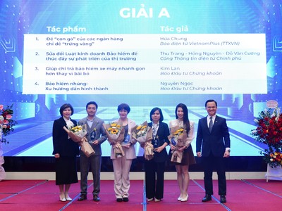 Nhà báo Kim Lan, Báo Kl99ok phiên bản mới (thứ 2 từ phải qua) nhận giải A từ Ban tổ chức. Ảnh: Dũng Minh