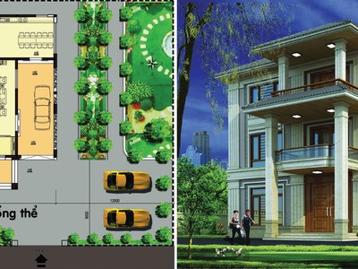 Bản vẽ biệt thự có mặt bằng vuông và phối cảnh biệt thự khuyết 1/4 mái  
