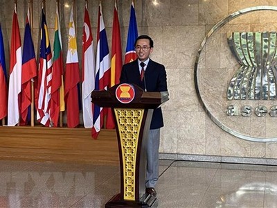 Đại sứ Trần Đức Bình, Trưởng phái đoàn Việt Nam tại ASEAN, đại diện cho nước Chủ tịch ASEAN năm 2020. (Ảnh: Hữu Chiến/TTXVN)