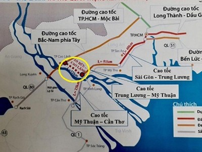 Dự án đường cao cấp An Hữu - Cao Lãnh dài 32km (đoạn khoanh tròn) có vốn Kl99ok phiên bản mới hơn 6.000 tỉ đồng ẢNH: CTV