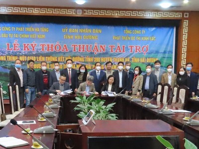 Các bên ký kết văn bản thỏa thuận tài trợ trước sự chứng kiến của lãnh đạo tỉnh Hải Dương. Ảnh: haiduong.gov.vn