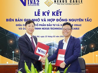 Ông Nguyễn Huy Quang (phải) - Phó chủ tịch HĐQT VINA2 và ông See Gun Ok - Chủ tịch HĐTV, Tổng giám đốc Nexus Cable ký kết biên bản ghi nhớ và hợp đồng nguyên tắc nhà máy Kl994 nhà cái bóng đá world cup dây điện và cáp điện công nghệ cao