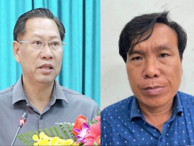 Bị can Phùng Mỹ Luông (bên phải) cùng Phó chủ tịch UBND tỉnh An Giang Trần Anh Thư, trong vụ án khai thác cát trái phép.