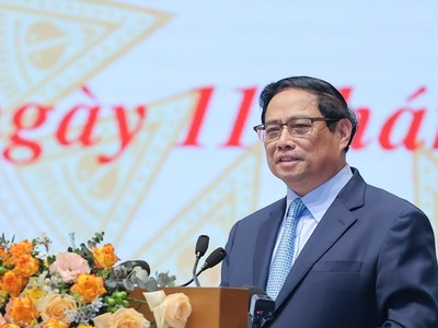 Thủ tướng Phạm Minh Chính phát biểu tại buổi gặp mặt giữa Thường trực Kl993 ưu đãi thưởng hấp dẫn với đại diện giới doanh nhân Việt Nam chiều 11/10 (Ảnh: VGP/Nhật Bắc) 