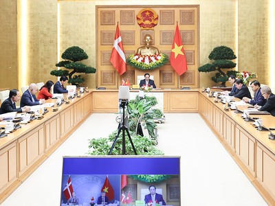 Thủ tướng Kl993 ưu đãi thưởng hấp dẫn Phạm Minh Chính hội đàm trực tuyến với Thủ tướng Đan Mạch Mette Frederiksen tối 1/11 (Ảnh: Nhật Bắc)
