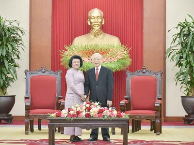 Tổng Bí thư Nguyễn Phú Trọng tiếp Chủ tịch Quốc hội Vương quốc Campuchia Samdech Khuon Sudary (Ảnh: Quochoi.vn)