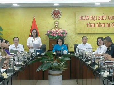  Đại biểu Nguyễn Hoàng Bảo Trân chất vấn từ đầu cầu Bình Dương (Ảnh:Quochoi.vn).