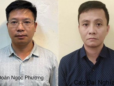 Từ trái qua: Bị can Khương Thanh Tùng, Đoàn Ngọc Phương, Cao Đại Nghĩa. Ảnh: Bộ Công an