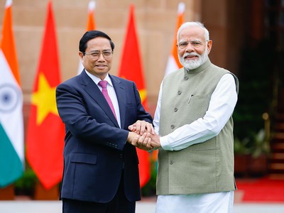 Thủ tướng Ấn Độ Narendra Modi chào đón Thủ tướng Phạm Minh Chính thăm cấp 99Kl99 trực tiếp đá gà tới Ấn Độ. (Ảnh: Nhật Bắc)