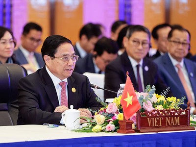 Thủ tướng Phạm Minh Chính phát biểu tại Hội nghị Cấp cao Chiến lược hợp tác Kl992 cổng game cá cược Ayeyawady - Chao Phraya - Mekong (ACMECS) lần thứ 10. Ảnh: Nhật Bắc