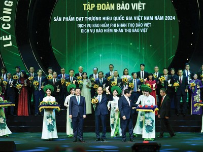 Kl994 game bài casino hấp dẫn Bảo Việt đón nhận biểu trưng Thương hiệu quốc gia Việt Nam năm 2024 từ Thủ tướng Phạm Minh Chính và Bộ trưởng Bộ Công thương Nguyễn Hồng Diên. (Ảnh: Thành Đạt)