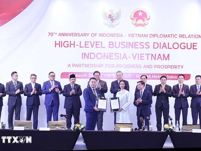 Lãnh đạo hai nước chứng kiến lễ ký các văn kiện trong nhiều lĩnh vực tại tọa đàm ngày 10/3 ở Jakartar, Indonesia. Ảnh: TTXVN