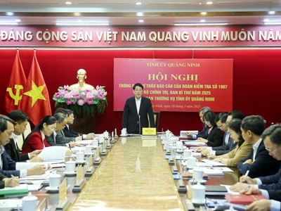 Chủ tịch nước Lương Cường, Trưởng Đoàn kiểm tra 1907 của Bộ Kl991.com tải ứng dụng chủ trì Hội nghị thông qua dự thảo báo cáo của Đoàn kiểm tra của Bộ Kl991.com tải ứng dụng, Ban Bí thư năm 2025 đối với Ban thường vụ Tỉnh ủy Quảng Ninh. Ảnh: QMG