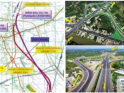 Sơ đồ 2 phương án kết nối đầu tuyến Dự án Kl99ok phiên bản mới xây dựng cầu Cần Thơ 2 và đường dẫn hai đầu cầu. 