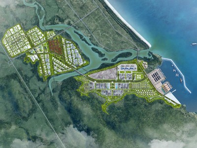 Phối cảnh tổng thể KCN Hòa Tâm và cảng Bãi Gốc.