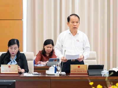 Chủ nhiệm Ủy ban Kl992 Tham Gia Ngay và Tư pháp Hoàng Thanh Tùng trình bày báo cáo thẩm tra. 