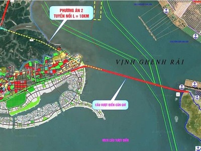 Hướng tuyến dự kiến của tuyến đường vượt biển nối Cần Giờ với Vũng Tàu.