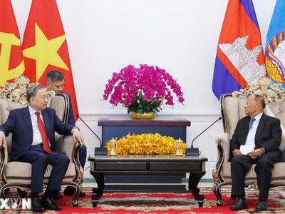 Tổng Bí thư Tô Lâm hội kiến Chủ tịch danh dự CPP Heng Samrin 