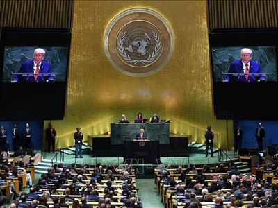 Tổng thống Mỹ Donald Trump phát biểu trước Đại hội đồng LHQ ở New York ngày 23/9/2025. Ảnh: THX/TTXVN