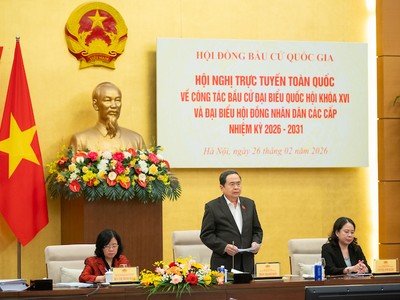 Chủ tịch Quốc hội, Chủ tịch Hội đồng Bầu cử quốc gia Trần Thanh Mẫn phát biểu tại Hội nghị - Ảnh PT. 
