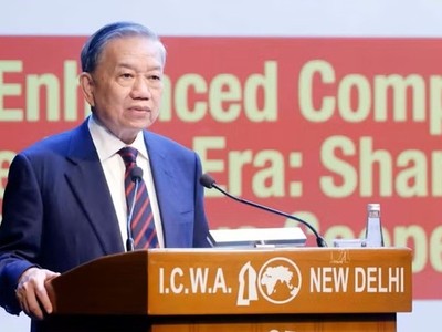 Tổng Bí thư, Chủ tịch nước Tô Lâm phát biểu chính sách tại Hội đồng Ấn Độ về các vấn đề thế giới. (Ảnh: Thống Nhất/TTXVN)
