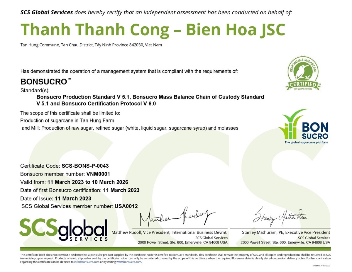 Nhà máy TTCS và Nông trường Tân Hưng, trực thuộc TTC AgriS vinh hạnh được Bonsucro chứng nhận đạt đủ các tiêu chuẩn về quy trình Kl994 nhà cái bóng đá world cup, tiêu chuẩn nguồn gốc của sản phẩm