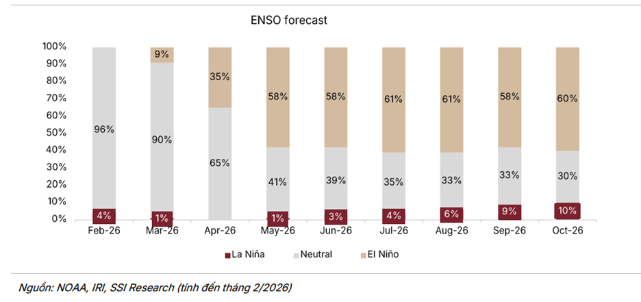 Xác suất xuất hiện hình thái thời tiết El Nino cao từ tháng 5 trở đi. Nguồn: SSI Research.