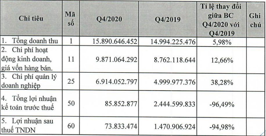 Biến động quý IV/2020 so với cùng kỳ năm trước