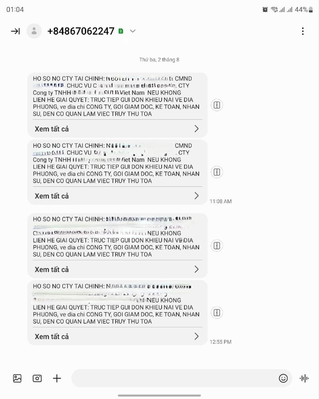 Các tin nhắn đòi nợ liên tục được gửi đến