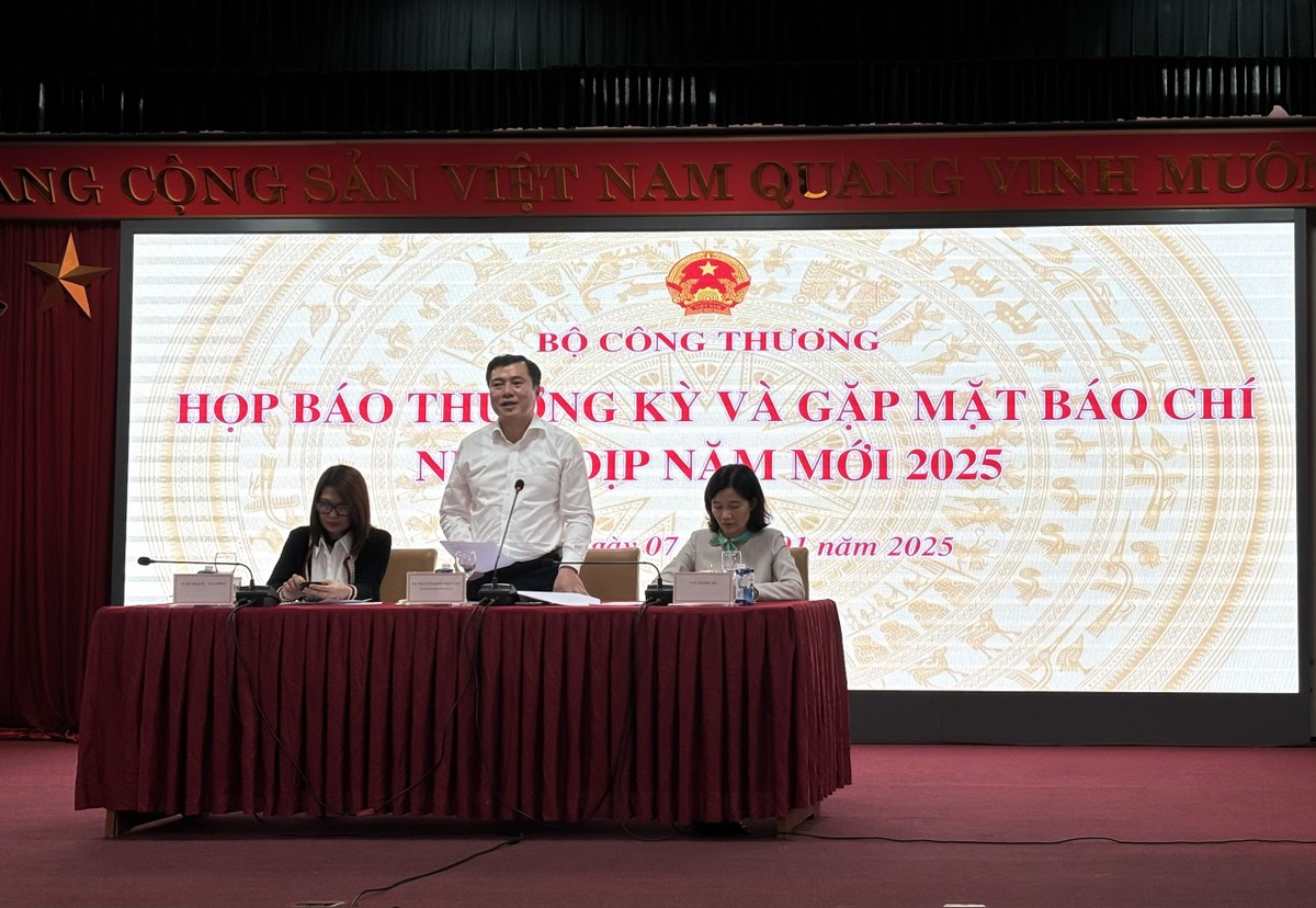 Thứ trưởng Bộ Công Thương Nguyễn Sinh Nhật Tân phát biểu tại Họp báo