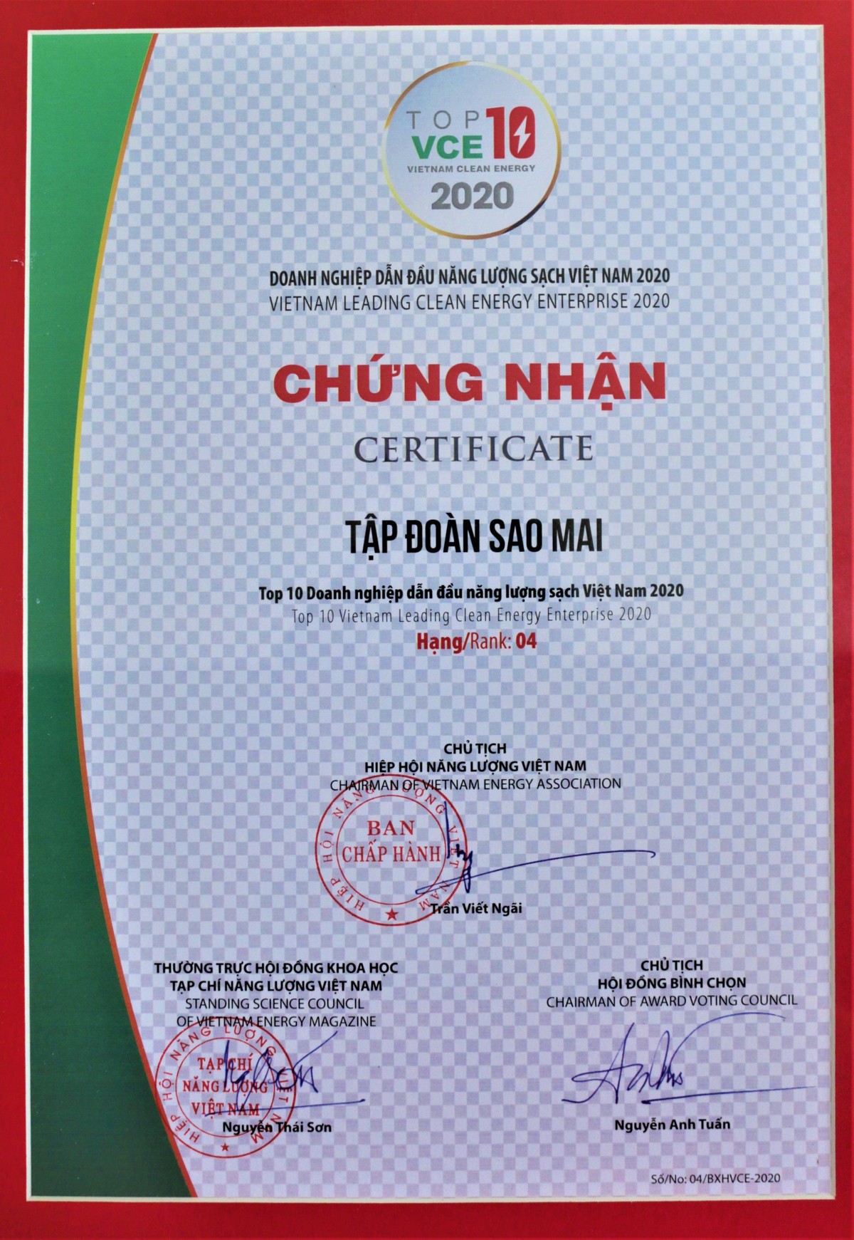Sao Mai Group giữ vị trí “chiếu trên” trong TOP 10 Kl991.com World Cup 2026 Chính Thức dẫn đầu năng lượng sạch Việt Nam 2020.