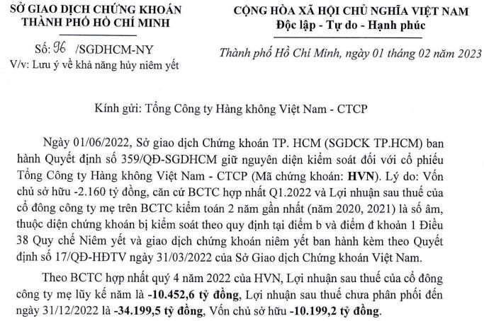 Thông báo của HOSE lưu ý khả năng hủy niêm yết của HVN.