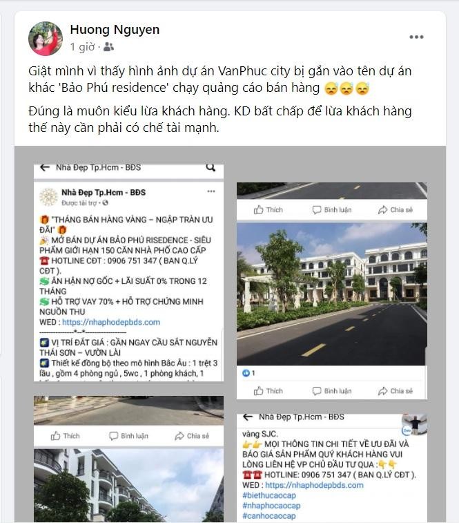 Bà Nguyễn Hương, Tổng giám đốc Đại Phúc Land đã không khỏi "giật mình" khi thấy hình ảnh dự án VanPhuc City bị gắn tên vào một dự án khác