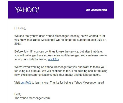 Yahoo Messenger gửi thư tạm biệt người dùng ảnh 1