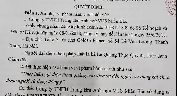 Quyết định xử phạt của Thanh tra Sở Thông tin và Truyền thông Hà Nội.
